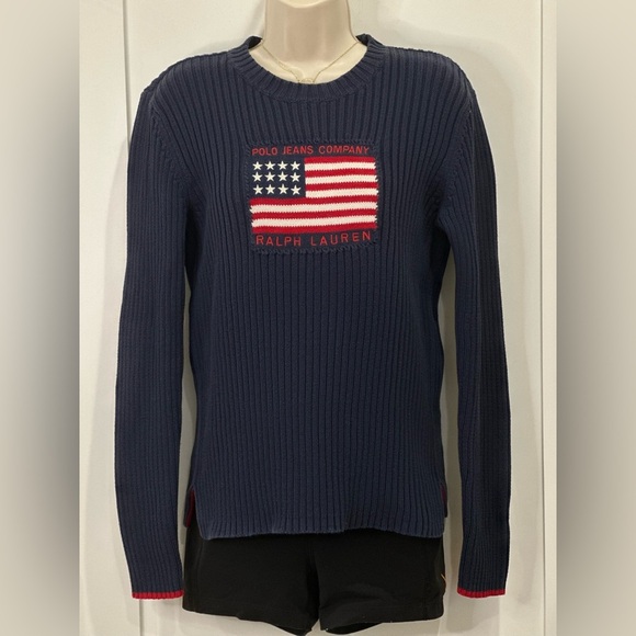Polo Ralph Lauren Sweater American Flag Ribbed Crewneck Blue Large Vintage Rare - Picture 1 of 9